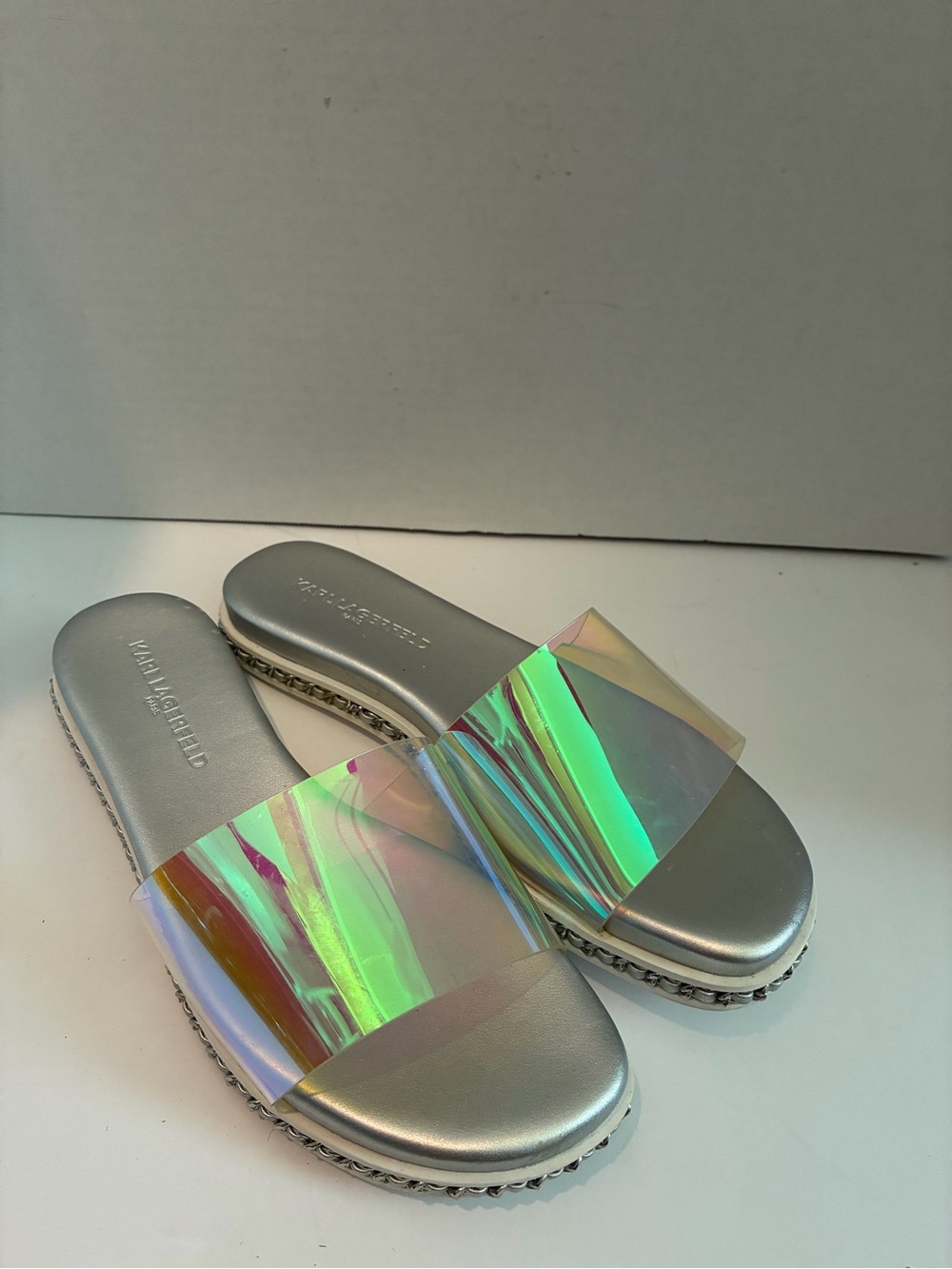 Karl Lagerfeld Iridescent Slide Sandal - Silver